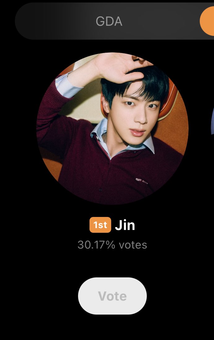 JIN is currently at #1, finally!!! 🔥

Don't ever let the other team take his rightful place!! VOTE MORE, VOTE THE HARDEST!!

We still have 8 days to defend this trophy!! WIDEN THE GAPPP!!

🗳️ global.prizm.co.kr/story/gda25