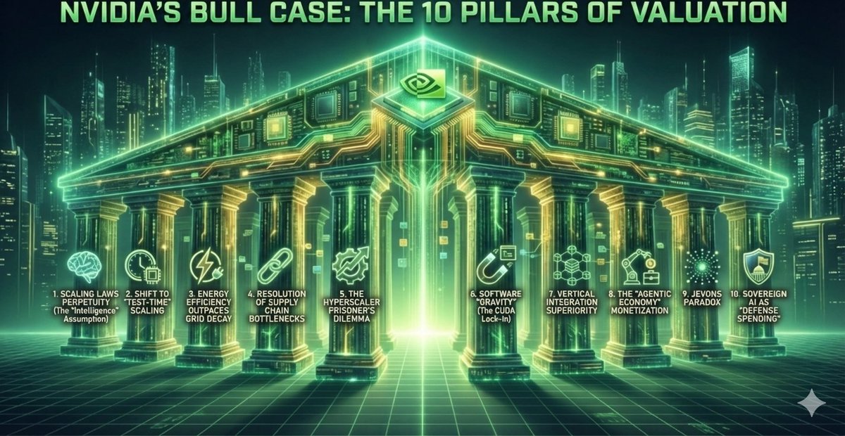 DailyMarketExch's tweet photo. $NVDA Nvidia's AI Empire: 10 Must-Hold Assumptions for the next 5x Stock Run

1. Scaling Laws Perpetuity (The "Intelligence" Assumption)
The bedrock of the bull thesis: increasing compute (FLOPs) and data must continue to yield proportional gains in reasoning. If LLMs hit a "plateau of diminishing returns" where a 10x increase in compute yields only marginal improvement, the $500B+ annual CapEx from hyperscalers will vanish.

2. Shift to "Test-Time" Scaling
You are betting that AI transitions from Training (lumpy revenue) to Inference (recurring utility). If "thinking longer" (inference-time compute) makes models like OpenAI’s o1 significantly smarter, Nvidia chips become a permanent variable cost of doing business rather than a one-time construction expense.

3. Energy Efficiency Outpaces Grid Decay
The "Power Wall" risk: Nvidia must reduce energy-per-token faster than the power grid fails. If Blackwell and Rubin don't deliver massive performance-per-watt leaps, physical limits at local utility substations will halt chip shipments regardless of demand, unless infra solutions (e.g., nuclear/renewables) can bridge the gap.

4. Resolution of Supply Chain Bottlenecks
This assumes TSMC’s CoWoS and HBM capacity can scale to meet $500B+ backlogs. To hit the bull case, Nvidia must successfully navigate production limits that would otherwise cap revenue below market forecasts.

5. The Hyperscaler Prisoner’s Dilemma
Despite emerging custom ASICs, big tech remains locked in a cycle of Nvidia purchases. Nvidia’s 1-year release rhythm (Blackwell → Rubin → Feynman) must deliver enough efficiency gains to force constant upgrade cycles, outpacing competitors and sustaining premium pricing.

6. Software "Gravity" (The CUDA Lock-in)
You are betting the Software Moat is deeper than the Hardware Gap. Even if a competitor produces a chip with 20% better raw performance, the cost of rewriting 20 years of CUDA-optimized code and re-certifying enterprise "NIM" containers must remain too high for any rational CTO to attempt.

7. Vertical Integration Superiority
Nvidia is now a Systems Company, not a chip company. The requirement: Nvidia’s networking (InfiniBand) and NVLink interconnects must remain the only efficient way to build "Gigawatt-scale" AI factories. If generic Ethernet catches up, Nvidia’s full-stack margin premium evaporates.

8. The "Agentic Economy" Monetization
For CapEx to continue, Hyperscalers must prove AI generates revenue. If AI remains a "chatbot" and fails to evolve into "agents" capable of executing complex tasks, the current spending will be remembered as a historic bubble.

9. Jevons Paradox
This assumes that as Nvidia makes compute cheaper, the world finds more uses for it rather than pocketing the savings. Unlike smartphones, which hit a "utility ceiling," this bet posits that there is no known ceiling for corporate intelligence; lower cost-per-token will trigger an explosion in demand.

10. Sovereign AI as "Defense Spending"
AI infrastructure is now a National Security Imperative. This logic assumes governments (e.g., UAE, Japan, France) will fund "National AI Factories" with the same price-insensitivity they show for fighter jets, creating a non-cyclical revenue floor that protects Nvidia from a private-sector "AI winter.

(1/2)

(Not Financial Advice)