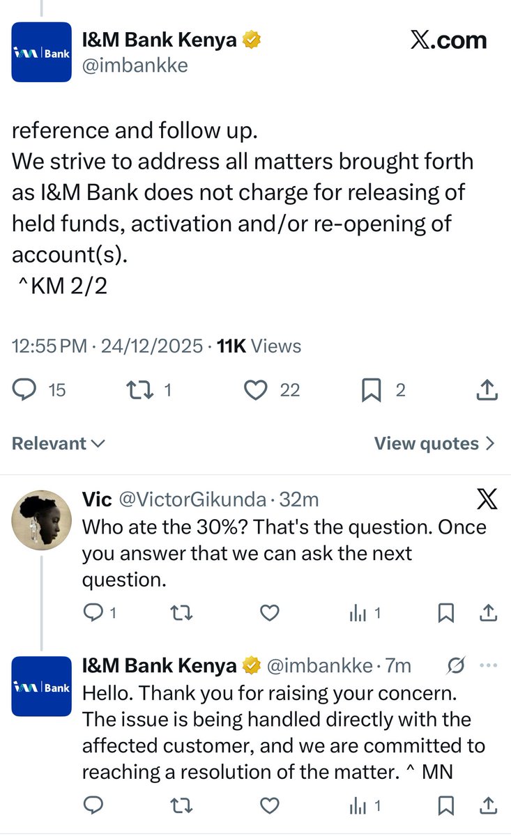 For days, I’ve been keen on <a href="/imbankke/">I&M Bank Kenya</a>’s response to <a href="/ouma_neko/">Paul</a>’s horrifying account.

How they froze his account holding nearly KSh 5M after a legitimate KSh 2M withdrawal from his business account.

How they Dragged him through endless “source of funds” demands, even after