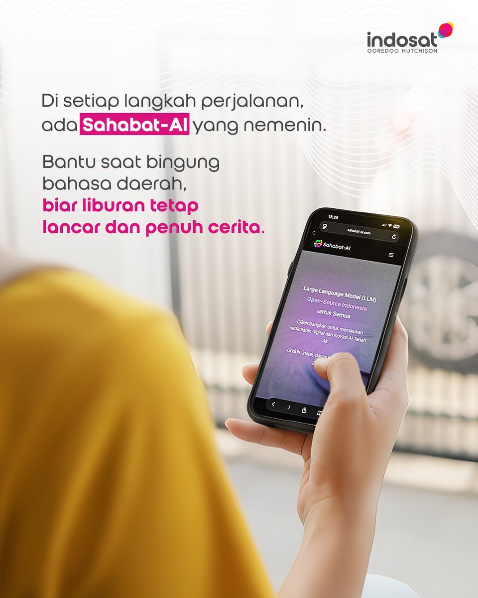 indosat's tweet photo. Di setiap langkah perjalanan, ada Sahabat-AI yang nemenin. Bantu saat bingung bahasa daerah, biar liburan tetap lancar dan penuh cerita. ✨

Biasanya kamu pakai Sahabat-AI buat apa? Share di kolom komen!

#StrivingBeyond #EmpoweringIndonesia #IndosatOoredooHutchison #IOH https://t.co/PPaPC6E2R5