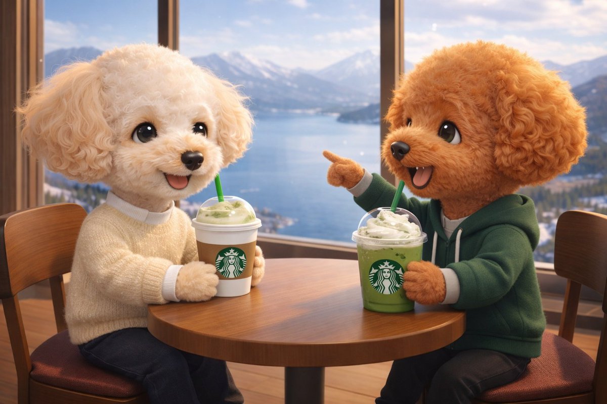 本日のワンショット🐶
🐾ほのぼのシリーズ🐾

楽しみにしていた玉露抹茶、とっても美味でした😋

寒いのでラテにしました✨

あともう少ししたら、てんちゃんお迎えです😆

うまうまでちゅ～～～🐶💕
#トイプー
#犬好きさんと繋がりたい
#AIイラスト
#スタバ
#玉露抹茶ラテ
#玉露抹茶フラペチーノ