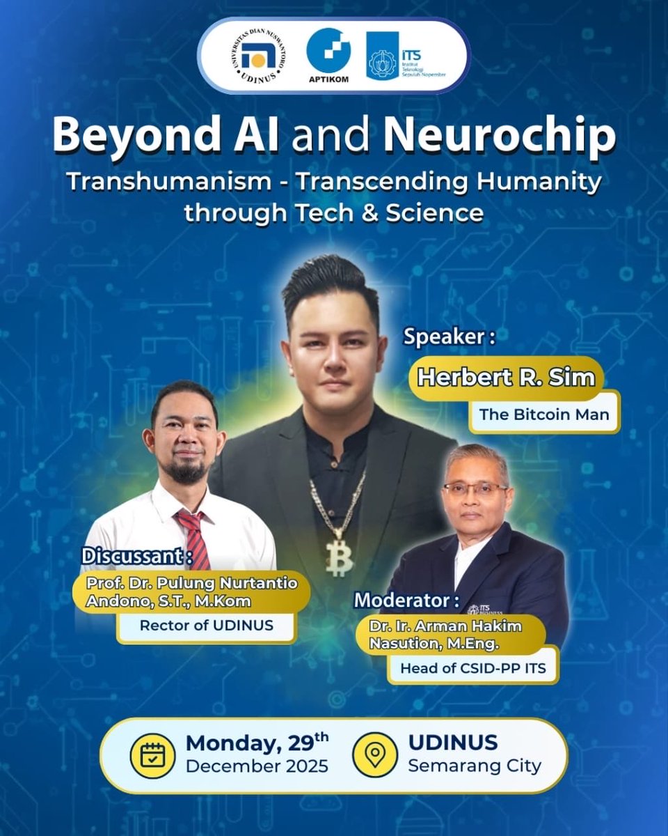 Yuk ikuti diskusi "Beyond AI and Neurochip: Transhumanism – Transcending Humanity through Tech &amp; Science” hari Senin jam 10am-12pm🙌🏻
✨ Bisa diikuti secara ONLINE, jadi kamu tetap bisa join dari mana aja👀💻 🔗intip.in/BeyondAINeuroc…