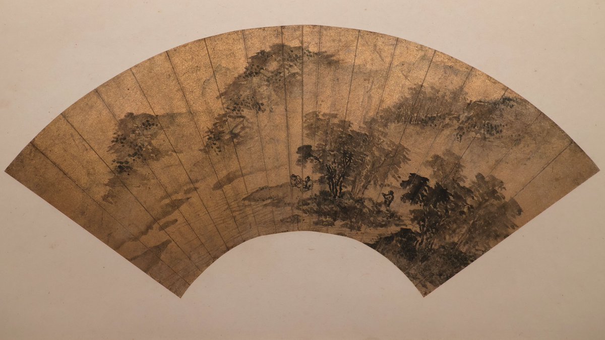 【真作】掛軸　扇面和歌図　詩情漂う墨画とかな書　風雅な一幅　S56 山水図扇面（明清名家扇冊のうち） 中国｜明時代・16世紀｜金箋墨画