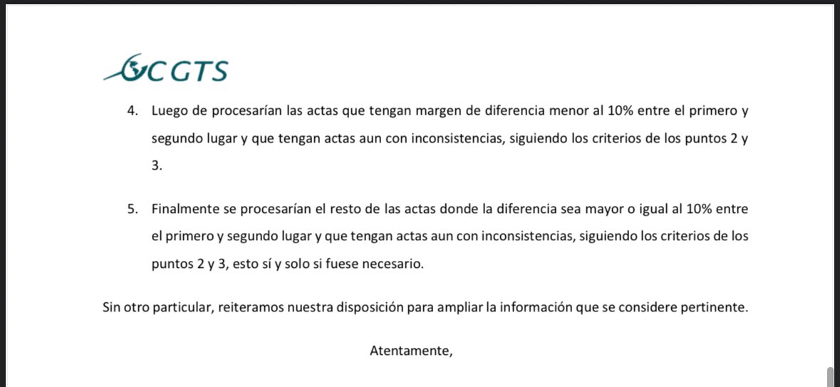 Desde las 5:55 pm recibimos informe de Auditoría Externa donde se señala la existencia de 61 alcaldías con diferencias menores del 5% que tienen 879 actas con inconsistencias que deben ser contadas en escrutinio especial, recomendando iniciar por las de mayor carga electoral, es