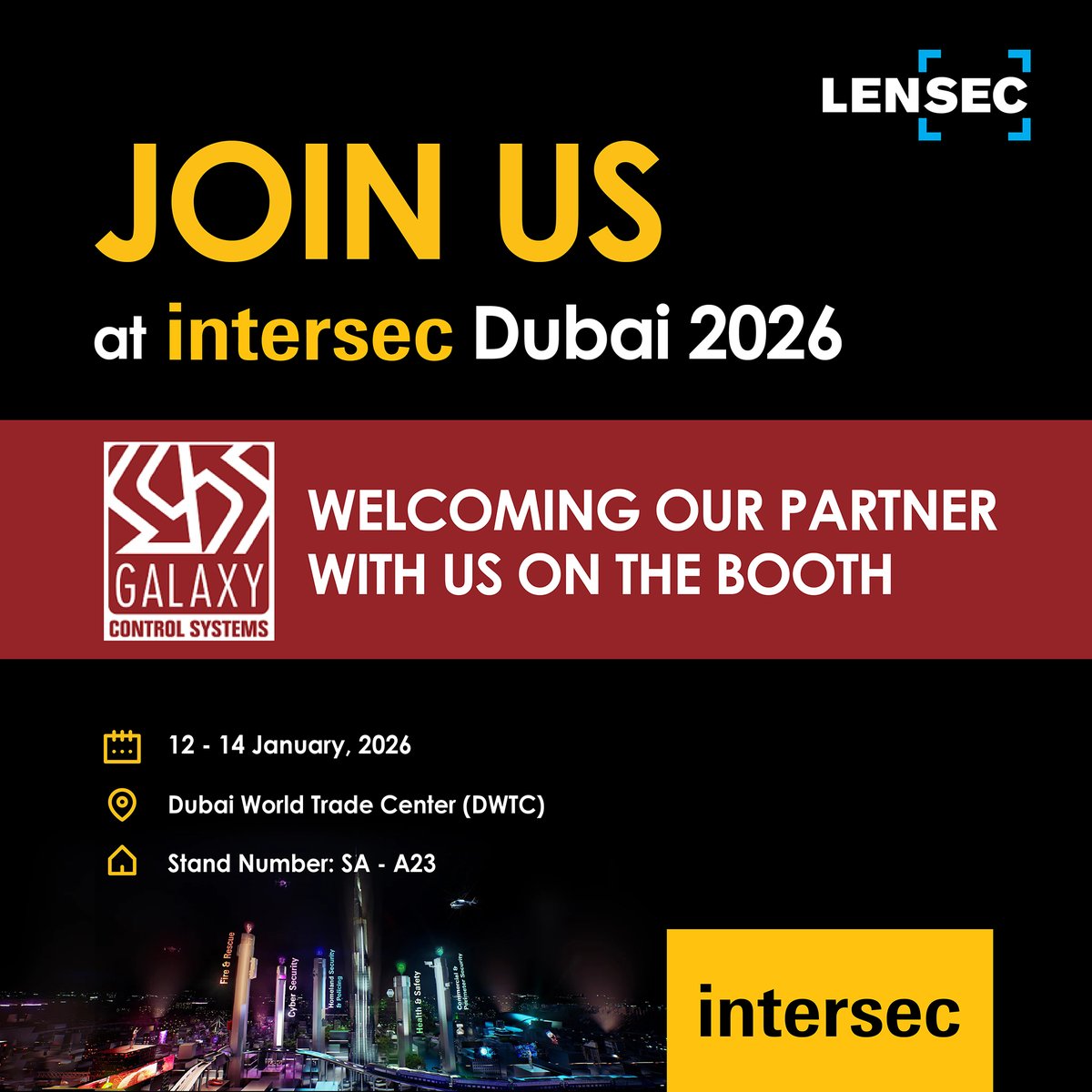 LENSEC's tweet image. LENSEC is pleased to co-exhibit with our valued partner, Galaxy Control Systems - A leader in the integrated access control industry. 

Visit us and discover how our solutions are shaping the future of physical security.

Register Now: bit.ly/3J1xZrt

#IntersecExpo