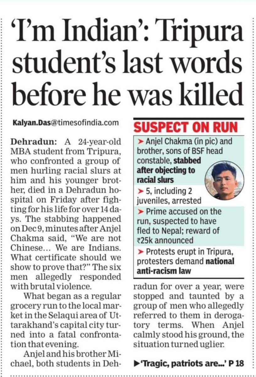 What’s happening in Uttarakhand?
From Ankita Bhandari’s mysterious death to this blatant racism and intolerance leading to the murder of  a young man from Tripura, brave son of a BSF constable. We should hang our heads in shame. A state government so busy with moral policing live