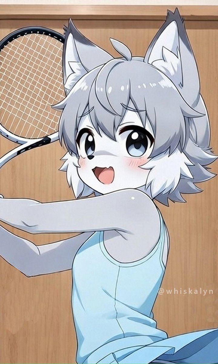 "About 'try holding the racket' - before that, um... this tennis uniform is a skirt, right...? Why isn't there a boys' version...? Huh? What? You want me to try swinging the racket? I wonder if I can... l-like this??"

#AIart #furryart #kemono