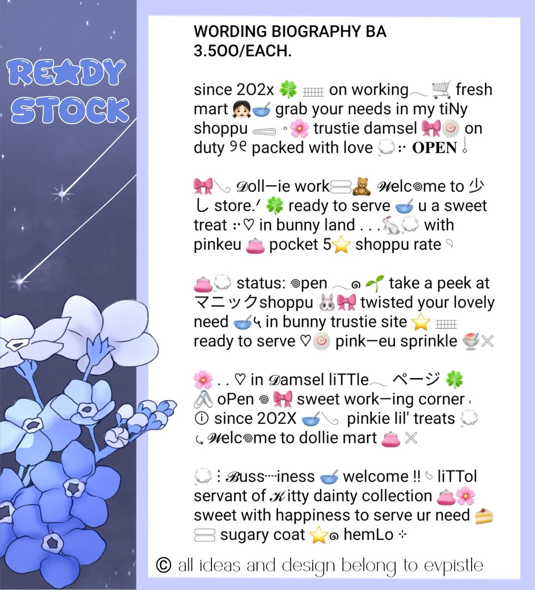 evpistle's tweet image. ੭୧ help retweet? thank you !!

𓈄🎐hii, lyoo kali ini bawain ready stok wording bio yang suitable untuk BA 🫐🧺 dengan prici 3.5OO /each ✦ check alt for details-! 

💬 #zonauang
wording bio rs
