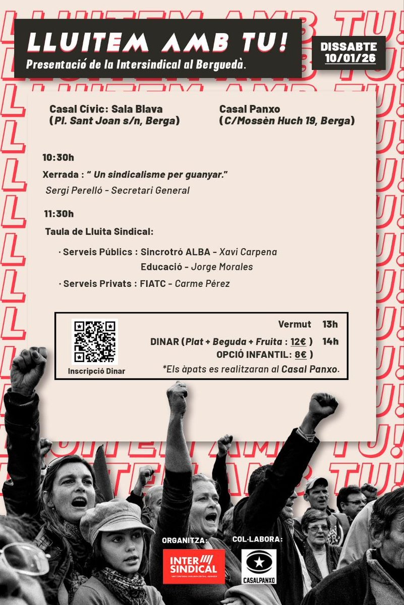🎴Presentació de <a href="/LaIntersindical/">LA INTERSINDICAL</a> al Berguedà 🚩

📅 Dissabte 10/01/26

📍Berga

🗣️ Un sindicalisme per guanyar

🔥 Taula de lluita sindical amb veus de diferents sectors.

🍷🥘 Vermut i dinar popular al <a href="/casalpanxo/">Casal Panxo</a>

🤛Organitzar-nos és l’únic camí.

🍽️ Inscripcions dinar 👇