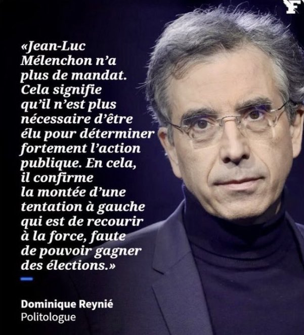 Il y a, chez <a href="/JLMelenchon/">Jean-Luc Mélenchon</a>, une perversion fascisante : faire de la politique hors du système démocratique. 

Le politologue <a href="/DominiqueReynie/">Dominique Reynié</a> l’explique très bien ⤵️