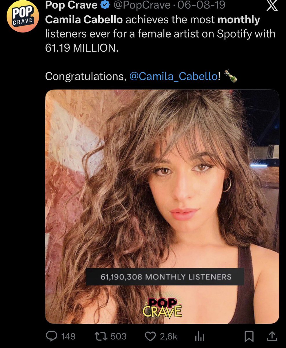 lumaccoo's tweet photo. Don’t delete Camila Cabello’s story on Spotify

First woman to reach 39M, 40M, 60M, 61M monthly listeners

First woman to have 1 song with 1, 1.1, 1.2, 1.3, 1.4, 1.5B and the first to have 2 songs with 1.5B https://t.co/Y72nlT2hNn