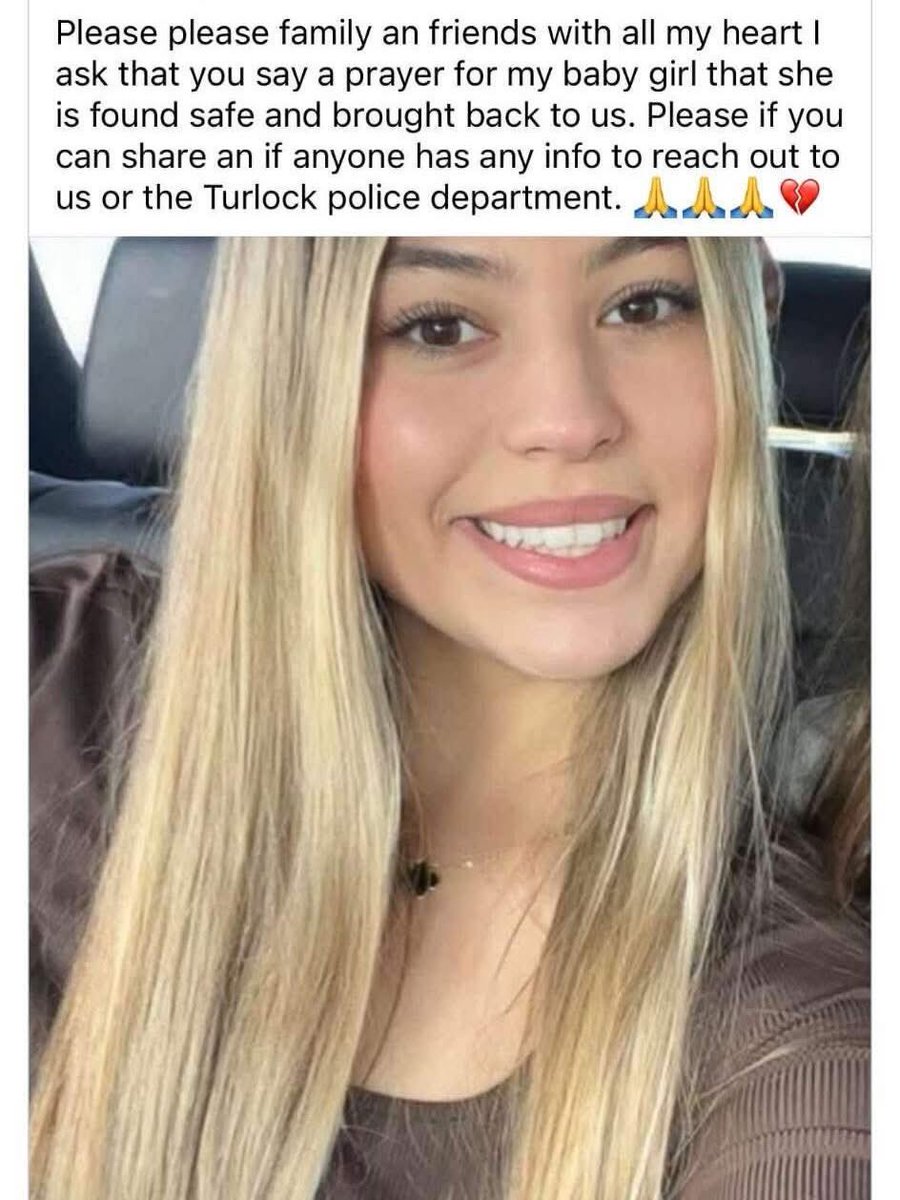 Missing teen: 
Last seen in Turlock on 12/26/25 at 9 p.m., wearing a light gray hoodie and black yoga pants. Hibiscus tattoo on left bicep.

For any information that can help us to find her, Please contact Turlock PD or her family at:
209-648-8446

#turlock #209