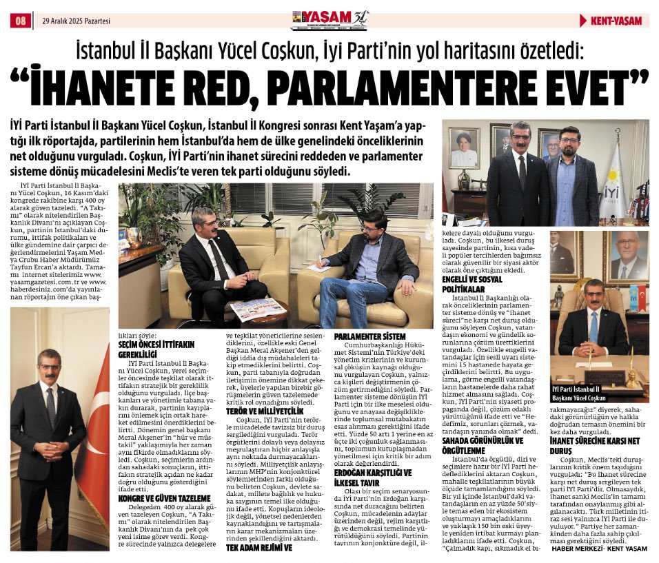 İl Başkanımız Sn. <a href="/Yucel_Coskun/">Yücel Coşkun</a>, İl Kongresi sonrası Kent Yaşam’a verdiği röportajda; İYİ Parti’nin İstanbul’da ve Türkiye genelinde önceliklerini, parlamenter sisteme dönüş mücadelesini ve kararlı duruşunu net şekilde anlattı.
🔗 Röportaj linki:

yasamgazetesi.com.tr/yucel-coskun-i…