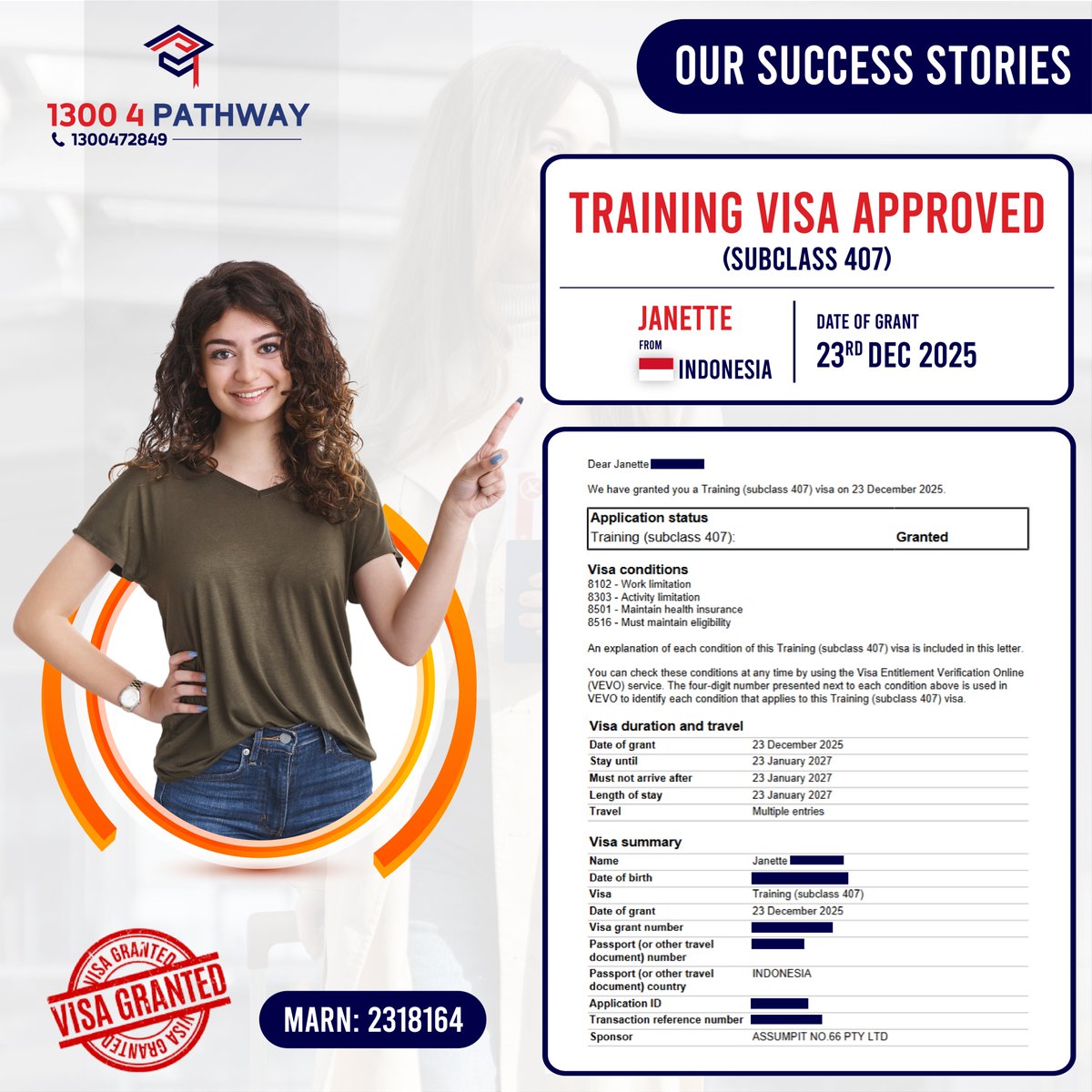 pathway_edu_au's tweet image. 🌟👨‍🎓 Celebrating Janette's Visa Success Story!

📆 Book an Appointment for a Consultation: pathwayeducation.com.au/book-appointme…

#visa #Successstories #Trainingvisa #visagranted #subclass407 #VisaSuccess #EducationConsultation #MigrationServices