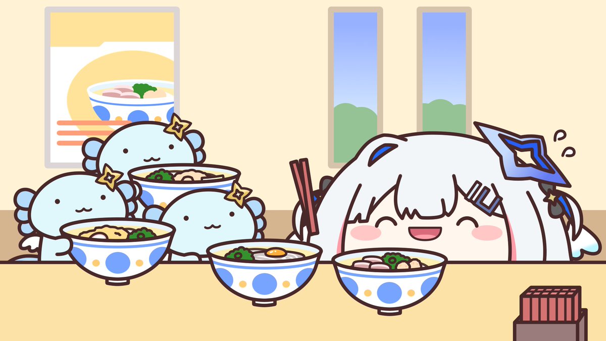 天音かなた 「おっとうぱおここで突然の日頃の感謝をこめたうどん沢山食べてねタイム 食べきれない」|クソリプピッチングマシンのイラスト