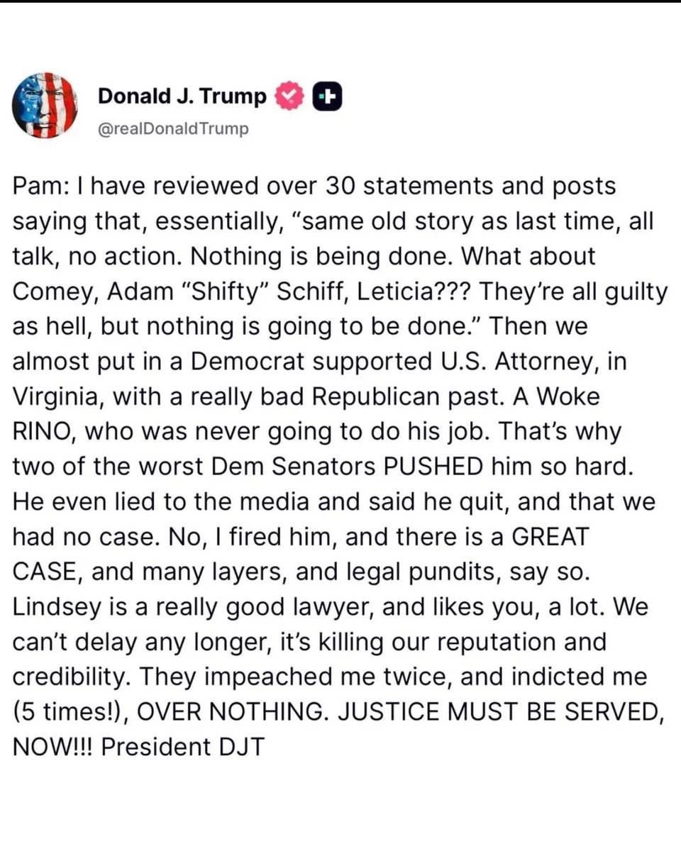 01Funkytown's tweet image. Trump drops a post directed at Pam Bondi.

He draws a red line in the sand.

She allowed the limitations to run out on the January 6th Committee prosecutions. 

Enough already.

Fire her! 

Justice must be served.  NOW!