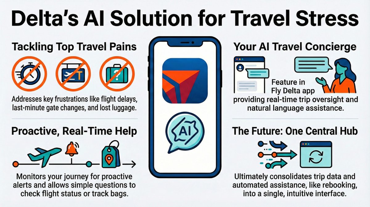 FourslashHQ's tweet photo. The future of air travel might just be an AI agent in your pocket✈️

@Delta is testing a GenAI "Concierge" to proactively handle:

✅ Flight rebooking
✅ Bag tracking
✅ Gate changes
✅ Connection management

Full details ▶️ https://t.co/TEQEdiXRbQ https://t.co/MouiXZqmIm