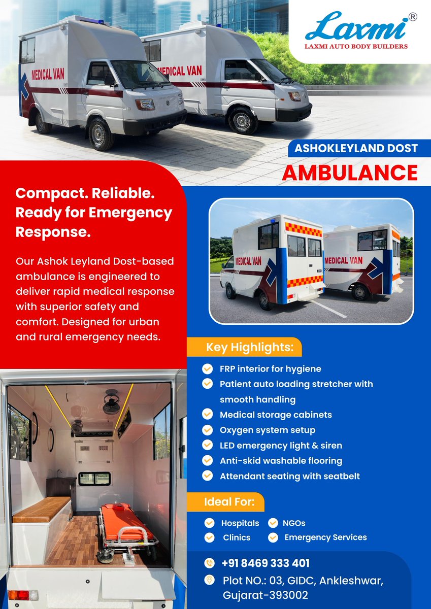 BhaskarBodi's tweet photo. ASHOK LEYLAND DOST AMBULANCE

Compact. Reliable. Ready for Emergency Response.

Our Ashok Leyland Dost-based ambulance is engineered to deliver rapid medical response with superior safety and comfort. Designed for urban and rural emergency needs. https://t.co/Hebpg0j5q1