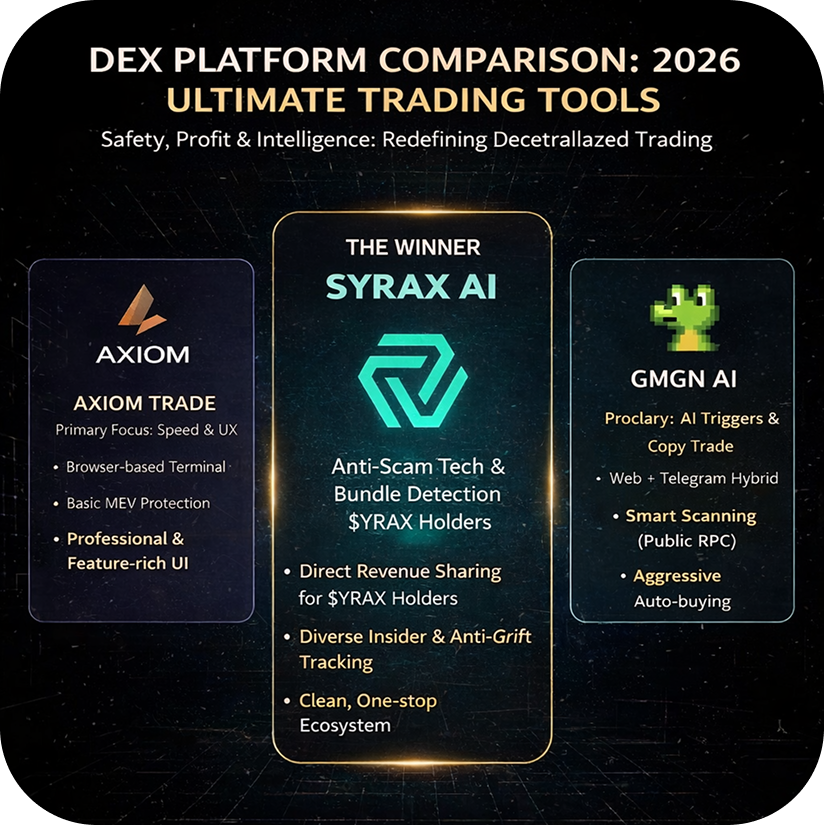 NotVecna's tweet photo. In 2026, relying on outdated tools like GMGN or Axion is a compromise. $Syrax AI leverages real-time on-chain analytics, multichain integrations, and predictive market modeling giving you the edge that others simply can’t match.
@SyraxAI #SYRAX $SYRAX https://t.co/yQVg0y4u0Q