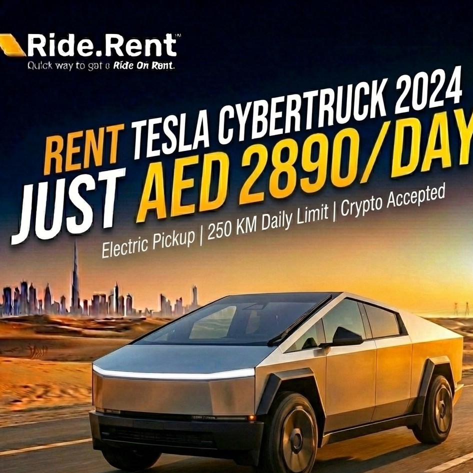 RentWithRide's tweet photo. Drive the future in Dubai! ⚡️ The 2024 Tesla Cybertruck is now available for rent.

✨ Daily Rate: AED 2890 ✨ 250 KM Daily Limit ✨ All-Electric, 5-Seater

Book this revolutionary ride today! 👇 https://t.co/EZiDFqBnf0 

#TeslaCybertruck #DubaiRental #RideRent #ElectricVehicle https://t.co/tDYqxLN0CW