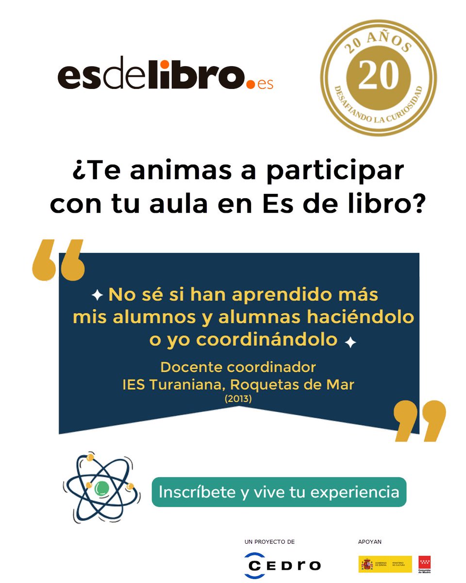 CEDROenlinea's tweet photo. 🎼Música,🧪ciencia,🦠biología,📚literatura,🖼️arte,📊matemáticas, 🎞️cine...

Participa en el concurso #Esdelibro con tus alumnos #ESO #Bachillerato investigando sobre cualquier tema.

¿Te apuntas? 👉https://t.co/sUKR6BFJ0r

Apoyan @culturagob y @CulturaCMadrid https://t.co/uUxALWDYtD