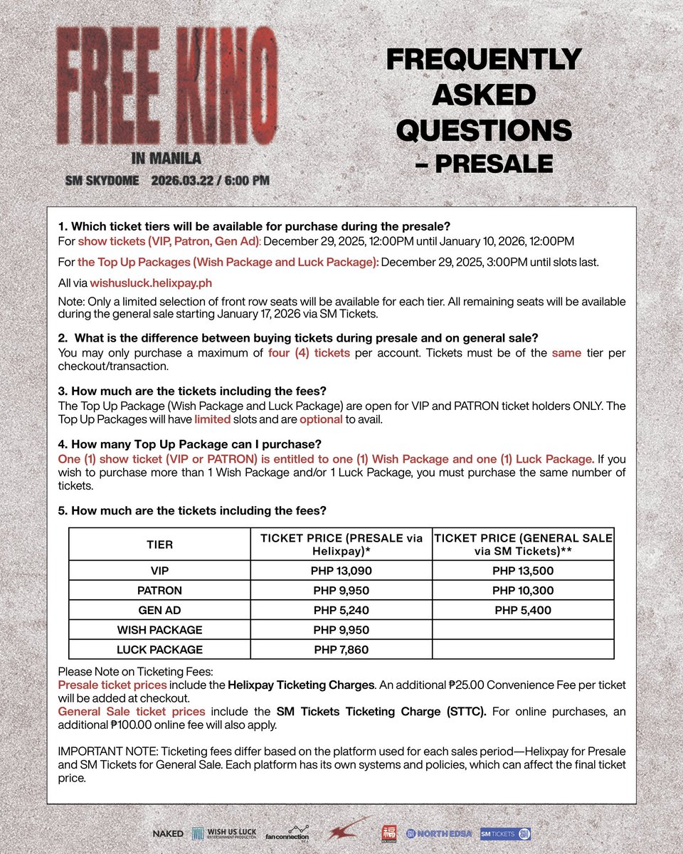 wishusluckent's tweet photo. Get ready for the upcoming PRESALE and TOP UP SELLING for the FREE KINO World Tour 2026 in Manila by checking the FAQs and the step-by-step purchase guide!

Make sure to read everything carefully so you don't miss any guideline and secure your desired seats and top up packages smoothly. 

The PRESALE will officially begin on December 29, 2025 (Monday), 12:00PM PHT, to be followed by the TOP UP SELLING starting at 3:00PM PHT - both exclusively online via https://t.co/cH26Hjx7Kj. 

#KINO #키노 #FREEKINO #FREEKINOWorldTour #KINOinManila #WishUsLuckPH