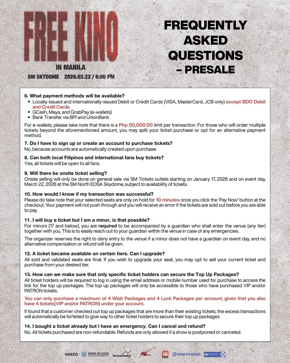 wishusluckent's tweet photo. Get ready for the upcoming PRESALE and TOP UP SELLING for the FREE KINO World Tour 2026 in Manila by checking the FAQs and the step-by-step purchase guide!

Make sure to read everything carefully so you don't miss any guideline and secure your desired seats and top up packages smoothly. 

The PRESALE will officially begin on December 29, 2025 (Monday), 12:00PM PHT, to be followed by the TOP UP SELLING starting at 3:00PM PHT - both exclusively online via https://t.co/cH26Hjx7Kj. 

#KINO #키노 #FREEKINO #FREEKINOWorldTour #KINOinManila #WishUsLuckPH