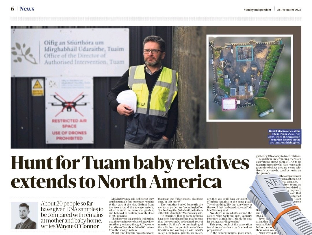 caulmick's tweet photo. Search for relatives of babies buried at Tuam extends to US, Canada and UK - Wayne O'Connor 

#DNA samples will be taken from people in the US and Canada in the hope they might provide matches to the remains of children found at the site of the former mother and baby home in Tuam, Co Galway.

Research by historian Catherine Corless more than a decade ago found up to 796 babies may be buried on the grounds of the Tuam home, based on death records.

#MotherandBabyHomes #Tuambabies 

https://t.co/elr8N5y1nH
