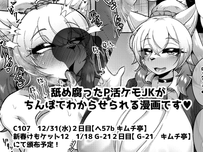 C107にて頒布予定の合同誌『ケモ姉さん15』に参加させていただいきました! P活やってる生意気ケモJKを"教育"する漫画を4p寄稿させていただきました! 12/31【東4-へ-57b】『キムチ亭』様にて頒布予定なので、何卒宜しくお願い致します