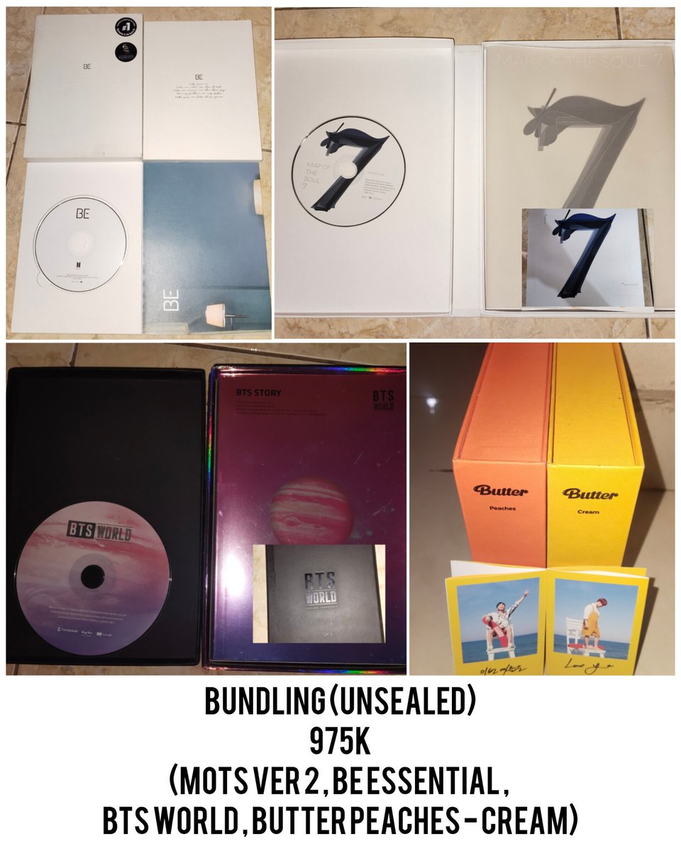 preloved album BTS (Map Of The Soul ver.2 - BE Essential - BTS World - Butter ver Peaches - Butter ver Cream) koleksi pribadi, mungkin ada yang minat #preloved #bts #army #btsarmy #borahae #mapofthesoul #be #btsworld #butter #motsver2 #beessential #butterpeaches #buttercream