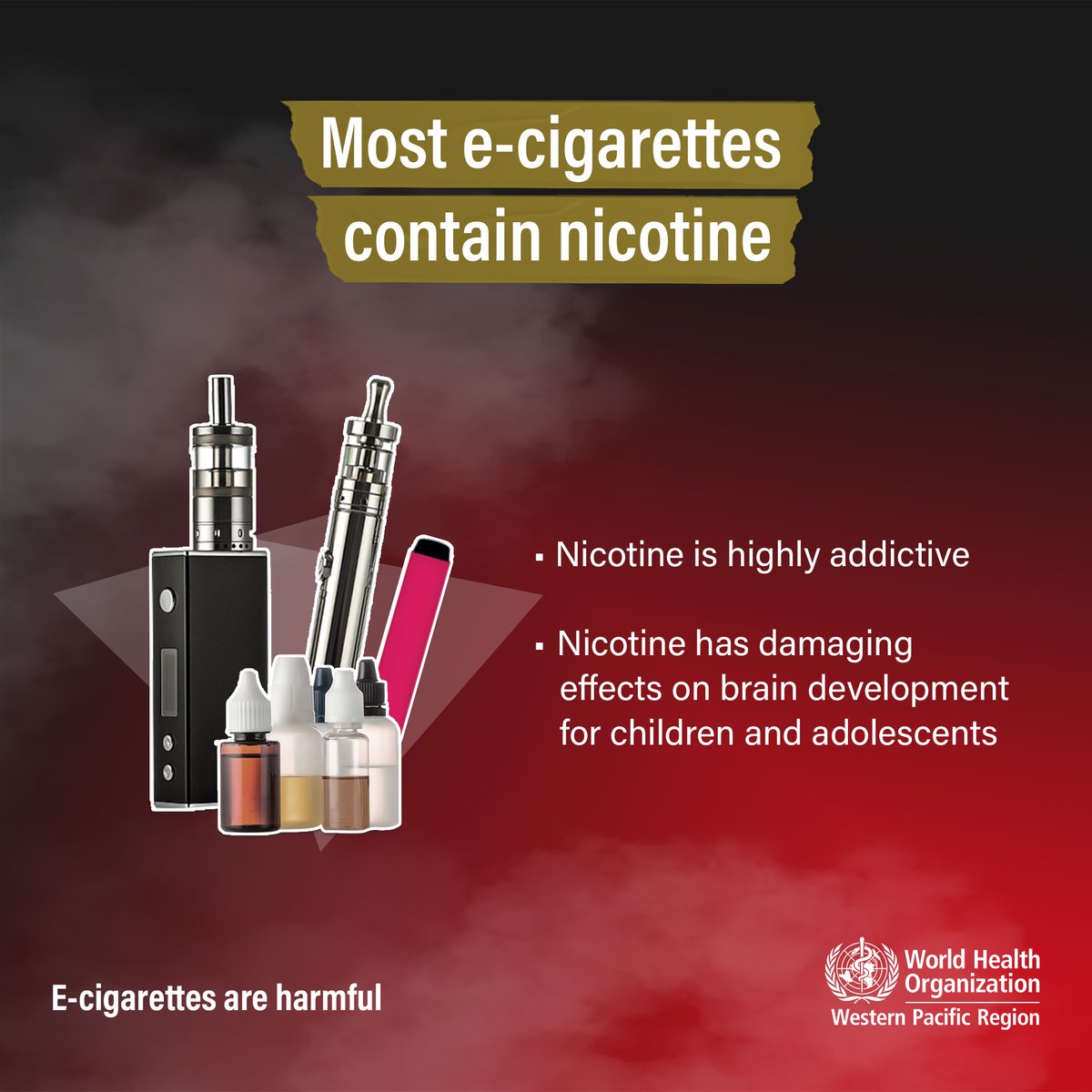 WHOWPRO's tweet image. Have you been thinking about trying e-cigarettes? Think again! 
Most e-cigarettes contain #nicotine and harmful emissions. Some products claiming to be #nicotine-free have been found to contain nicotine.

Nicotine is highly addictive and has damaging effects on the brains 🧠 of