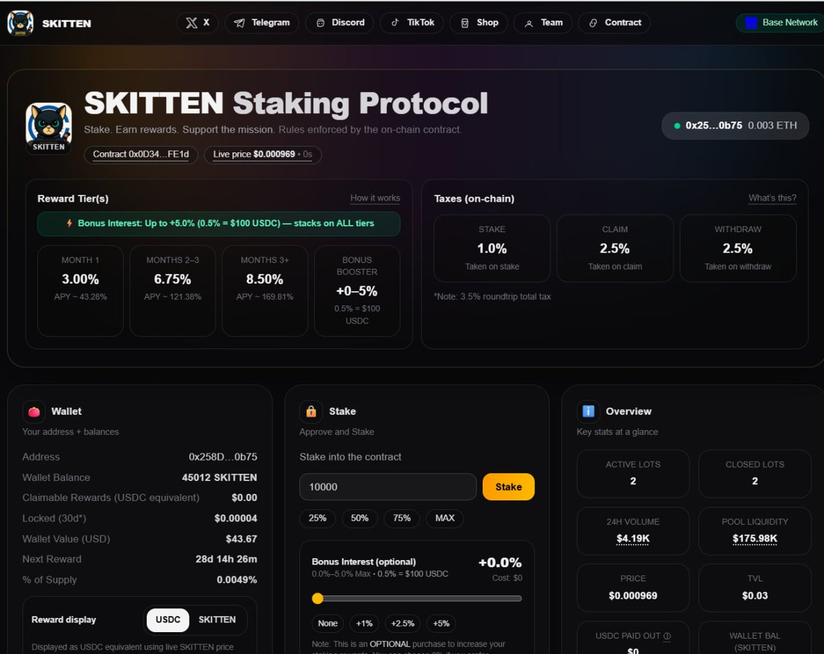 Jerek_22's tweet photo. 🐾 $SKITTEN Staking Protocol — Almost Live 🐾

We’re in final checks.
⏳ Launching within the next 48 hours.
What to expect:
1️⃣ Tiered monthly APY — rewards increase the longer you stake
2️⃣ Boost option: buy up to 500 points (5%) at staking initiation
3️⃣ No penalty withdrawals — but exit within 30 days and rewards are forfeited
4️⃣ Sustainable design: most taxes recycle back into the staking contract; remainder funds the multi-sig
5️⃣ Rewards paid in USDC 💵

Long-term holders eat first. 🐾🔥

Sneak peeks below 👀

#crypto #base #eth #skitten #kitten #stake #wealth #longterm #investor