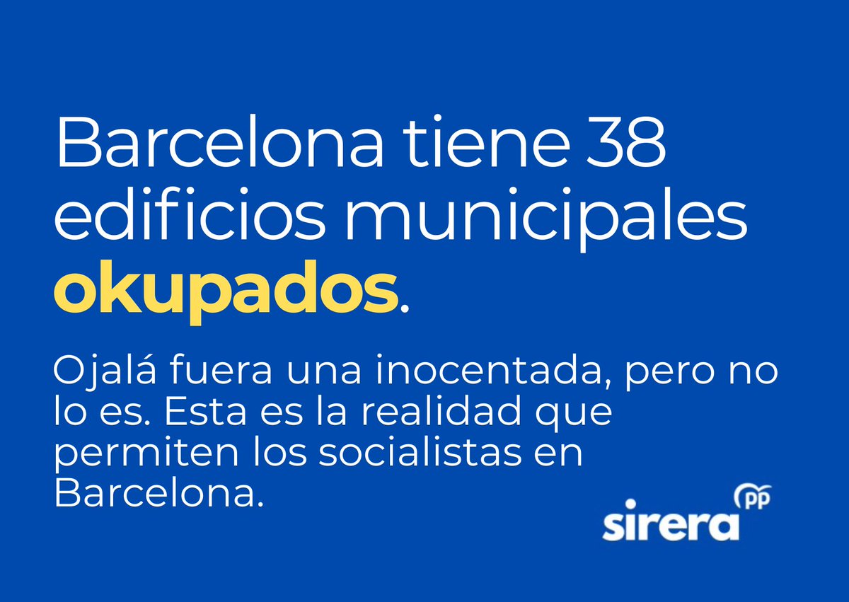 danielsirera's tweet image. Sabem que avui és el Dia dels Sants Innocents, però això no és cap broma.

A la Barcelona de Jaume Collboni hi ha 38 immobles municipals okupats.

No és una innocentada.
És deixadesa, és fracàs i és renúncia a posar ordre a la ciutat.

#ForaOkupes #ForaSocialistes