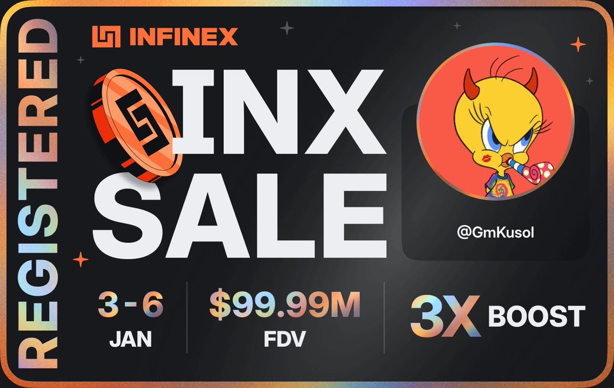 GmKusol's tweet photo. I'm registered for the @infinex sale - $99.99M FDV, 3-6 Jan 2026 https://t.co/kBMZYKz7iy