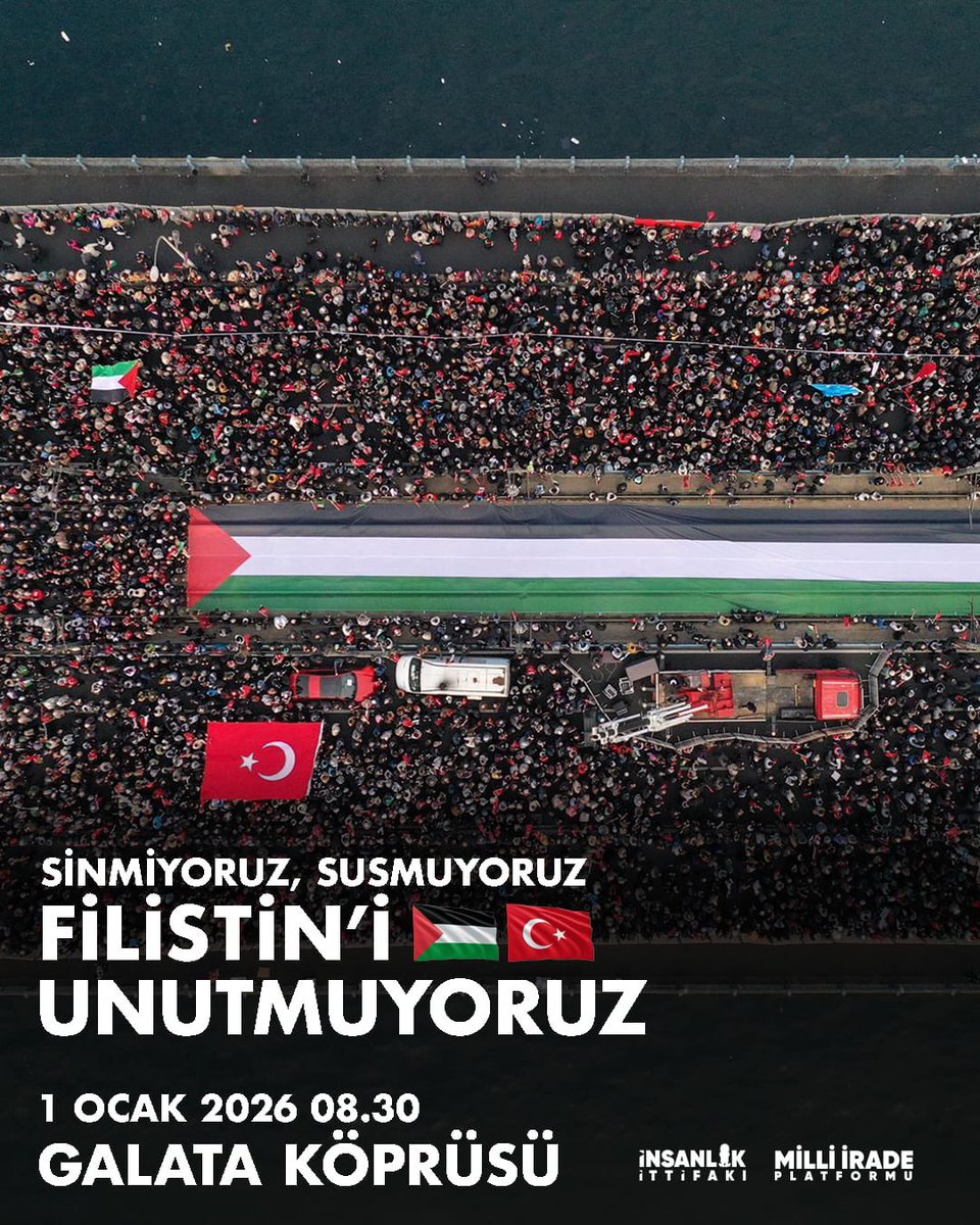 Ateşkese rağmen Gazze’de devam eden zulüm karşısında, yeni yılın ilk gününde de öfkemizi diri tutuyoruz!

Sinmiyoruz, susmuyoruz, Filistin’i unutmuyoruz! Galata Köprüsü’nde buluşuyoruz!

📍 Galata Köprüsü
🗓 1 Ocak 2026
⏰ 08.30

#1OcaktaGalatada
