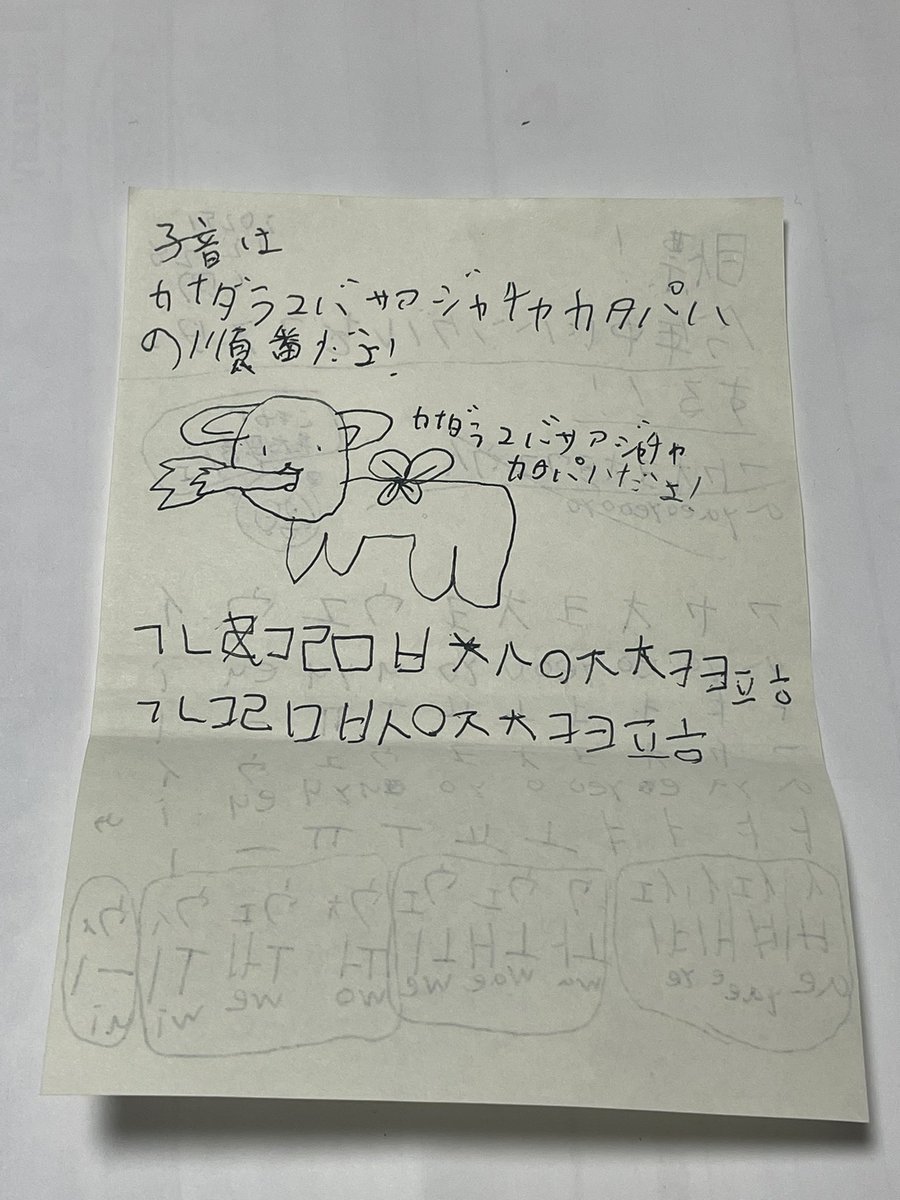 ハングルに興味を持った娘ちゃん（小4）、本に載っていた「子音の並び順」でつまずいていたので、2人で「カナダラマバサアジャチャカタパハ」って生き物をつくったよ。かわいい耳で、口から火を吐いて、肩に葉っぱがついてるよ。自分の葉っぱをうっかり燃やさないように気をつけてる。よろしくね！