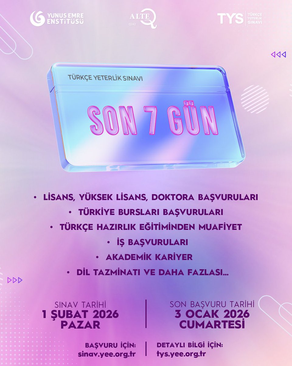 🇷🇴 Ultimele 7 zile în care vă puteți înscrie la Examenul de Competență Lingvistică #TYS, primul și singurul examen certificat de ALTE pentru limba turcă. 

Data examenului: 1 Februarie 2026
Data limită de înscriere: 03 Ianuarie 2026
Pentru înscriere: sinav.yee.org.tr