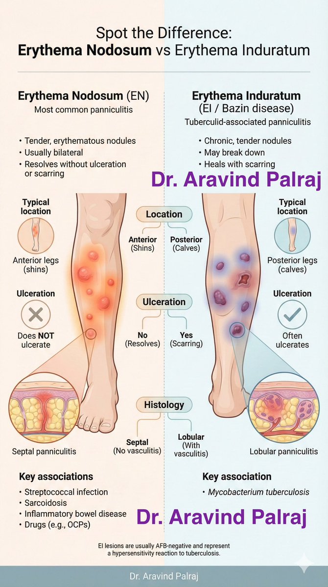 Rheumat_Aravind's tweet photo. Erythema Nodosum ≠ Erythema Induratum

Both present with tender leg nodules - but the differences matter clinically and histologically.

• EN: anterior shins, non-ulcerating, septal panniculitis (no vasculitis)
• EI (Bazin): posterior calves, often ulcerates with scarring, lobular panniculitis with vasculitis, TB-associated

A simple distinction that prevents misdiagnosis.

#Rheumatology #Dermatology #MedEd #MedTwitter #FOAMed #Medicine @DrAkhilX @IhabFathiSulima @ArunInamadar @Drkhenaizan @drkeithsiau #Skin #RheumTwitter #Panniculitis #Tuberculosis