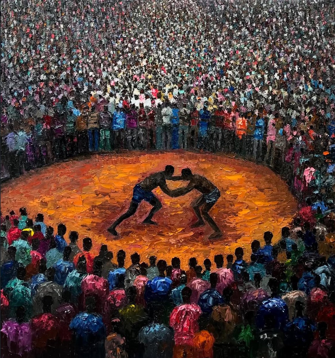 4dtruth1's tweet photo. Title:Ajakadi 

The word Ìjakàdì means “wrestling contest”, and in Offa it is far more than sport — it is a historical symbol of strength, bravery, unity, and honour.
Size :48 by 54 inches 

Medium: oil on canvas 
@AfricanArchives @robertoblake @TopArtNews #art #like #creative https://t.co/aMdwc4n2Ry