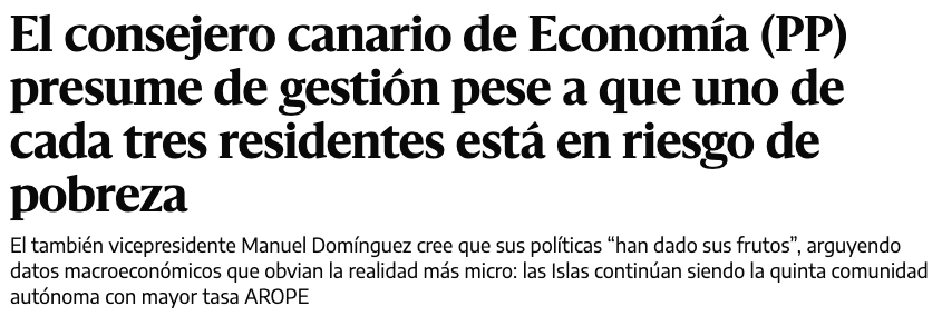 LIBERACIONCAN's tweet photo. ¿En qué archipiélago vive el Consejero de Economía del PP? Presumir de gestión cuando uno de cada tres canarios está en riesgo de pobreza no es solo una mentira, es una falta de respeto a los 700.000 canarios que sufren su política de parches.

Para el Gobierno de CC-PP las cifras macroeconómicas van bien, pero la realidad en nuestras casas es de emergencia social. No necesitamos palmaditas en la espalda, necesitamos soberanía para gestionar nuestros recursos y proteger a nuestra gente.

La política en Canarias debe dejar de ser un escaparate para Madrid y empezar a ser una herramienta de dignidad.