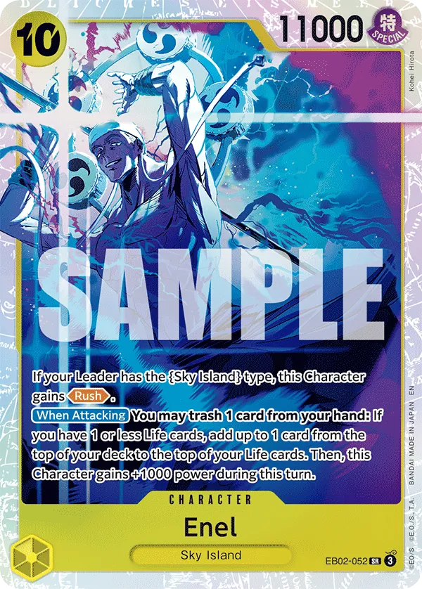 jinjimar's tweet photo. @Raphterra actually I think that works, bandai has answered a similar question with EB02 Enel and Mihawk is worded exactly like Enel, see attached picture, imagine that +1k at the end of Enel's effect is Mihawk leader's character play restriction, you need 5c to get it to activate. https://t.co/7CD4sivdzG