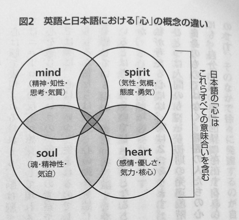日本語の「心」に関する、興味深い指摘。

英語と日本語における「心」の概念の違い。
（参照:津田一郎『脳から心が生まれる秘密』幻冬舎新書、P21）