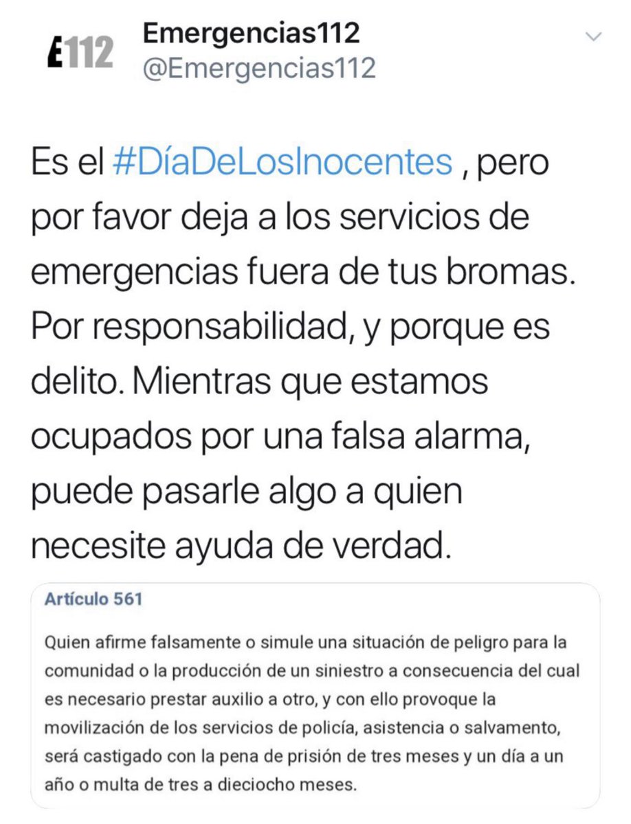 Hoy es #DiadelosInocentes; deja a los servicios de emergencias fuera de tus bromas.

 Sabio consejo de <a href="/Emergencias112/">Emergencias112</a> y <a href="/jldecastellvi/">Juan Luis CG 🇪🇸🇪🇺</a>