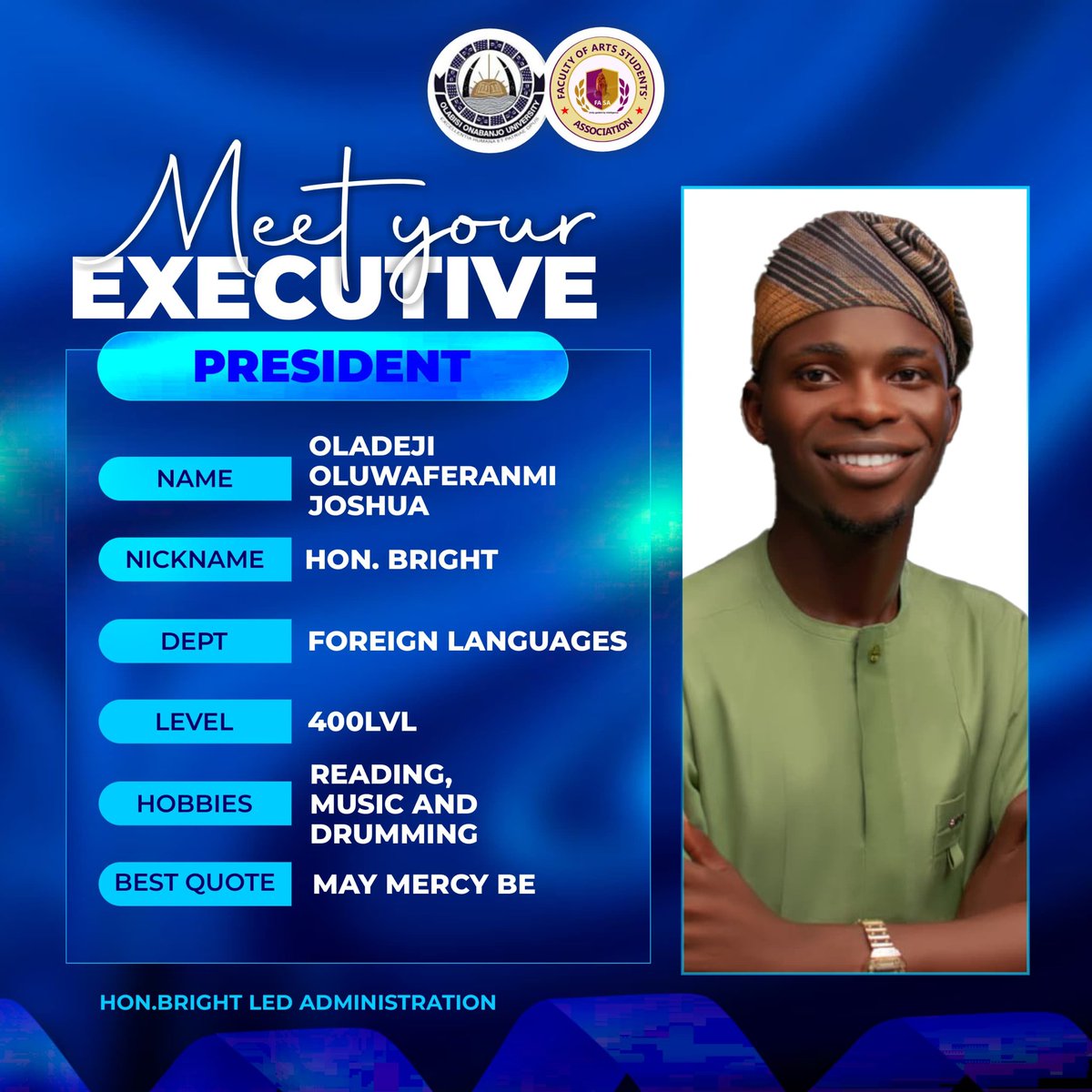OluwaRotimi32's tweet photo. Brightest FASAites🤍,
MEET HIS EXCELLENCY, THE PRESIDENT, FASA-OOU
Just a student like you with a passion🤍 to lead and serve.
The future is Bright🌻
#BrightFASA
#MeetYourPresident
#ServiceInStyle
#TheFutureIsBright
#HonBrightLedAdministration https://t.co/tzmAIKjtBb