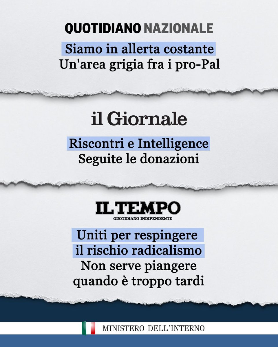 Piantedosim's tweet photo. Con l’operazione di ieri è stato squarciato il velo su comportamenti e attività che, dietro il paravento di iniziative a favore delle popolazioni palestinesi, celavano il sostegno finanziario e la partecipazione a organizzazioni con vere e proprie finalità terroristiche di matrice islamista.
È un risultato molto importante. Sono stati seguiti i flussi di denaro, ed è stata una scelta pagante. Il terrorismo si combatte anche così, togliendo risorse e capacità operative. Riteniamo assolutamente necessario rafforzare tutti gli strumenti utili sul piano della prevenzione, a cominciare da quello imprescindibile del rimpatrio dei soggetti pericolosi per la sicurezza nazionale.

Il Giornale: https://t.co/oiEvIupwA6
Il Tempo: https://t.co/f5UYkiDiDQ
Quotidiano Nazionale: https://t.co/zweHH5SKkR