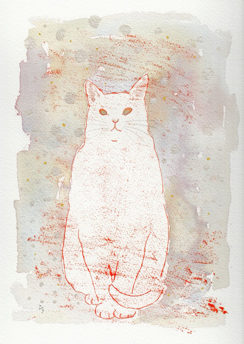 雪降る日の猫。
みなさまのお外に雪はありますか。
モデルは私の三毛猫。ボランティアさんに子供達と助けてもらうまで、お外で雪の日もあったのかな。今は家の中から雪を見ています。子供達もどこかのおうちで幸せになれました。すべての猫が幸せになりますように。
＃猫の絵