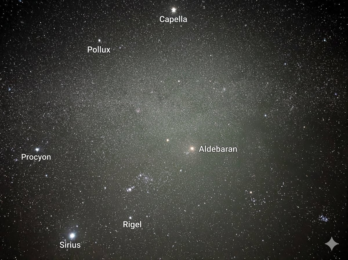 Ramymm's tweet photo. Uploaded again after enhancing the lightning. Thanks Gemini for marking the Winter Hexagon stars. 
Photo taken with Google Pixel 9a https://t.co/HeukTlGmRi
