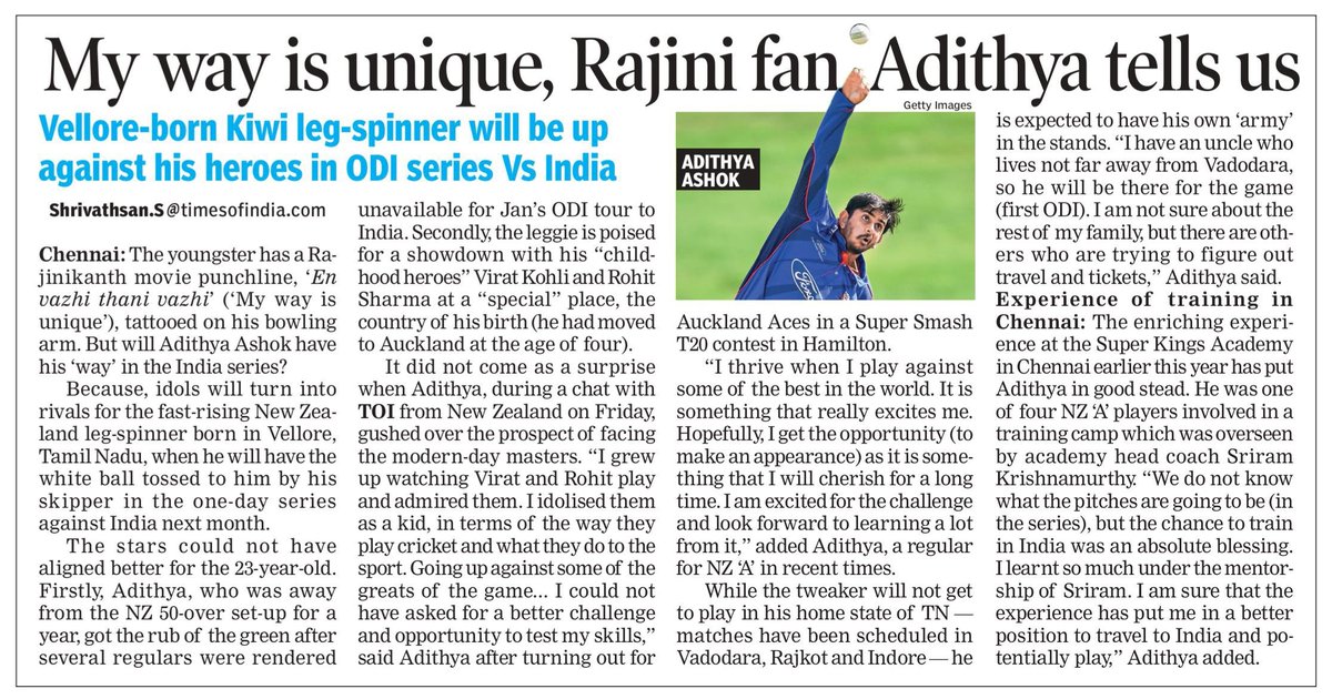 Vellore-born New Zealand leg-spinner Adithya Ashok is excited to face his "childhood heroes" Virat Kohli and Rohit Sharma in the upcoming ODI series.