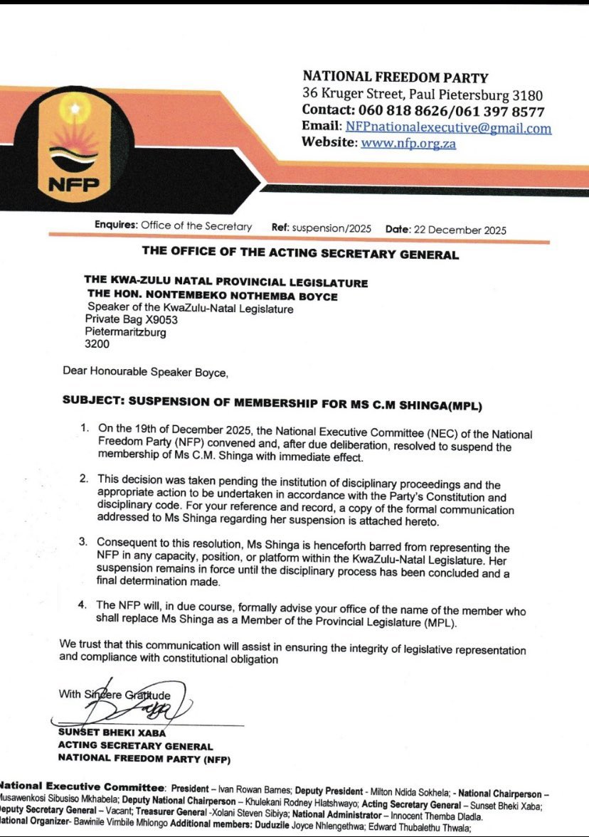 ApstDeza's tweet photo. [BREAKING NEWS]

“She’s Not Going Anywhere” Speaker Blocks NFP Bid to Remove Mbali Shinga from KZN Legislature‼️‼️‼️

The NFP is seeking to replace Mbali Shinga in the KwaZulu-Natal Legislature after suspending her from all party activities for voting against the MK Party’s Motion of No Confidence in the Premier. 

However, Speaker Boyce has refused to accept the party’s “termination” of her position as an MPL, stating that she has committed no wrongdoing and remains lawfully in office.