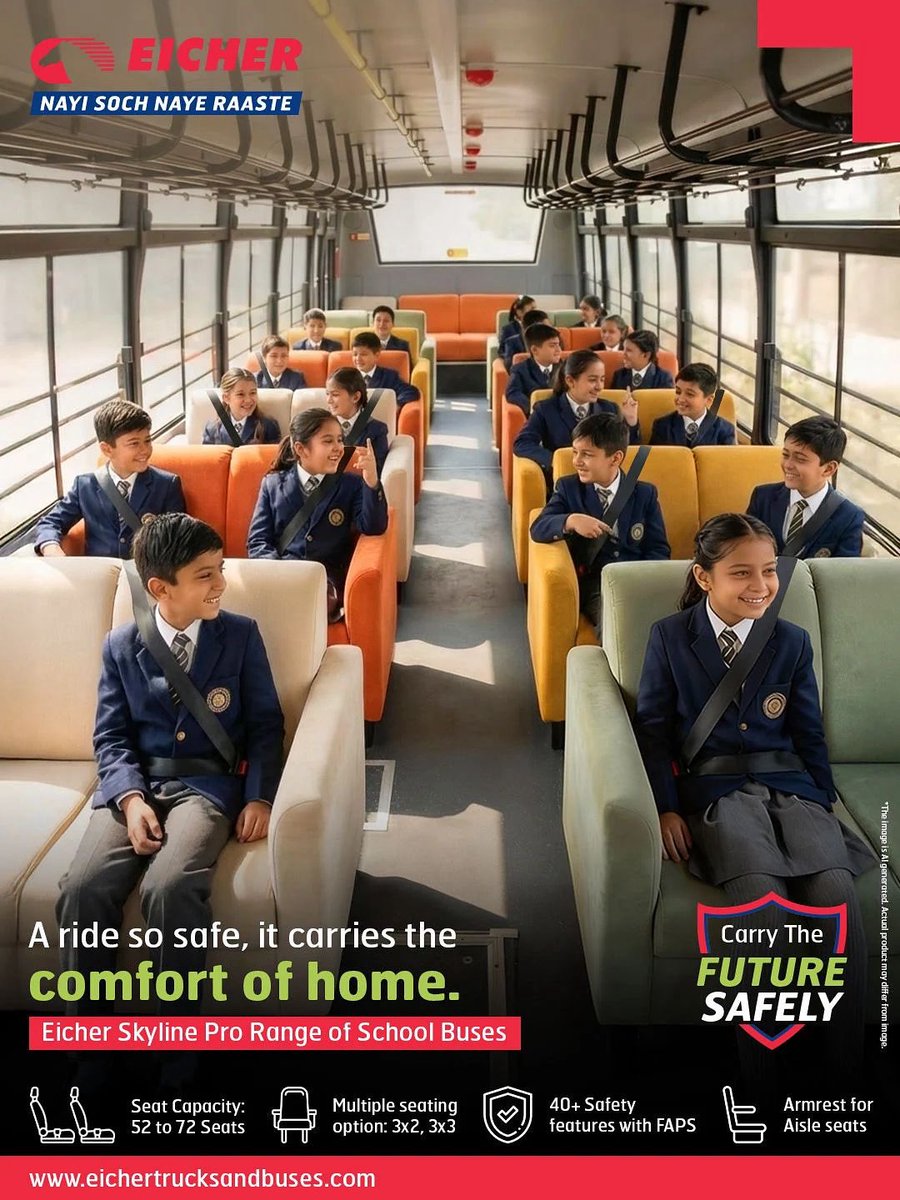 ETBIndia's tweet photo. Because safety and comfort should feel familiar, just like home.
Eicher Skyline Pro Range of School Buses ensure every school journey is smooth, secure, and comfortable.
#EicherSchoolBus #NayiSochNayeRaaste #ComfortReimagined #PremiumComfort #SafeAndSmooth https://t.co/cp5t2ftnN3